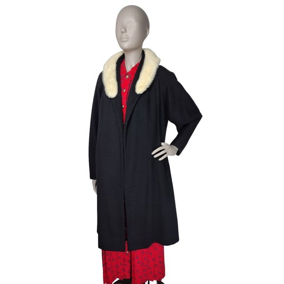 Vintage 1930's Black Wool Fox Fur Collar Open Front Opera Swing Dress Ov… - Picture 13 of 16